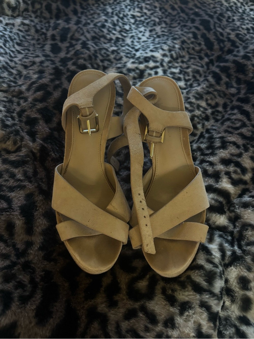 Aldo Taupe Suede Crisscross Wedge Sandals